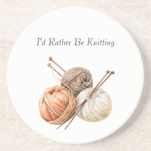 Rather Be Knitting Orange Brown Cream Yarn Coaster