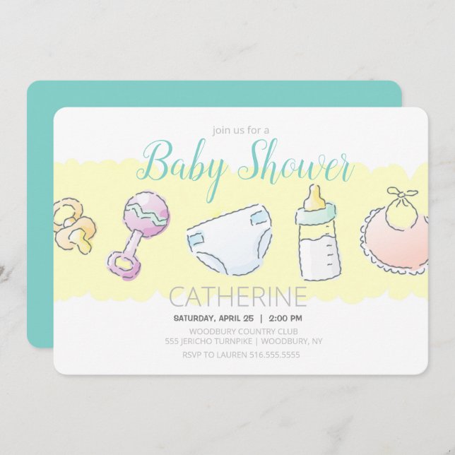 Rattle, Bottle, Diaper, Bib and Pacifier Shower Invitation (Front/Back)