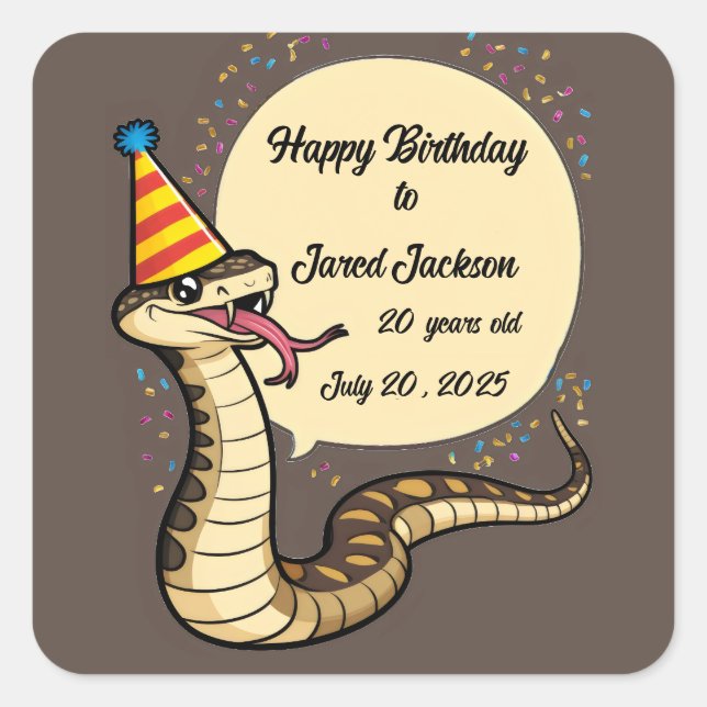 Rattle snake wearing birthday hat cartoon square sticker (Front)