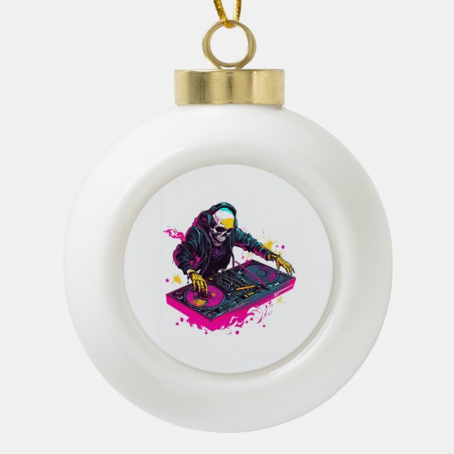 Rave Skull � EDM Party Skeleton DJ Ceramic Ball Christmas Ornament (Front)