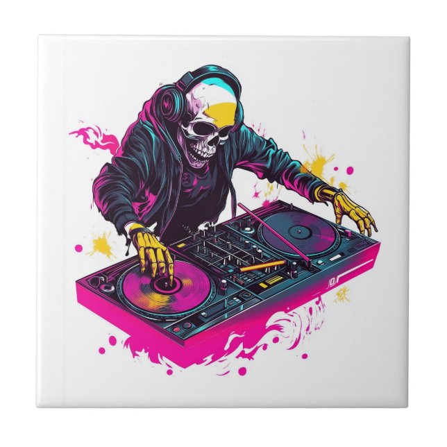 Rave Skull � EDM Party Skeleton DJ Ceramic Tile (Front)