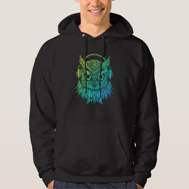Rave Turntable Electro DJ Techno Owl with Headphon Hoodie (Front)