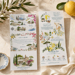 Ravello Italy Watercolor Wedding Tri-Fold Invitation