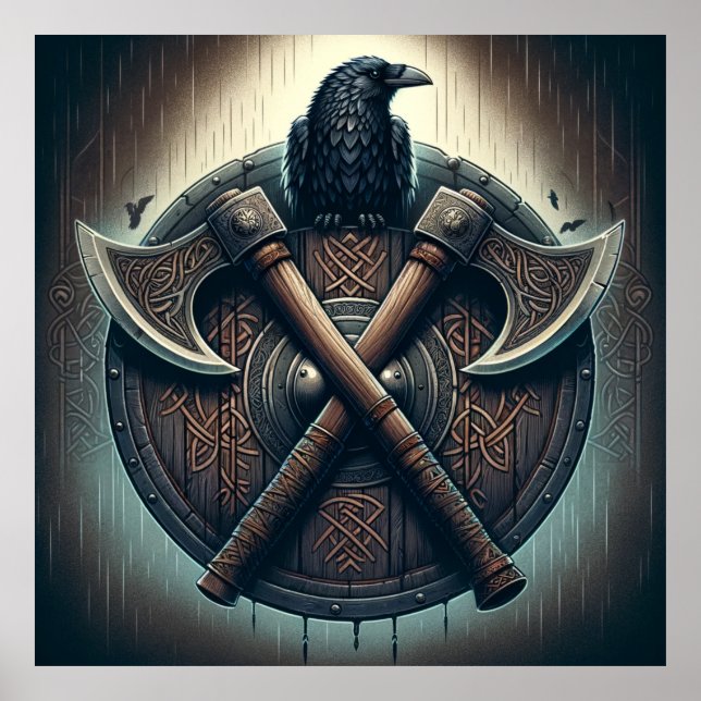 Raven and Axes – Norse Warrior Shield Wall Art (Front)