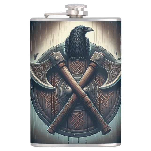 Raven and Axes – Norse Warrior Shield Wall Art Hip Flask (Front)
