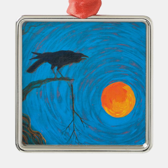 Raven and Full Moon Metal Tree Decoration (Front)