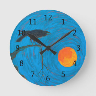 Raven and Full Moon Round Clock