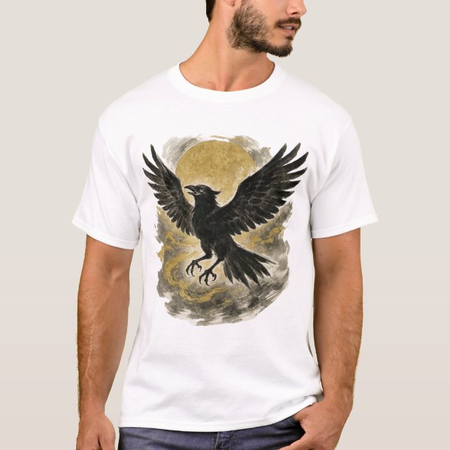 【Raven and Golden Moon Japanese Ink Art T-Shirt】 T-Shirt (Front)