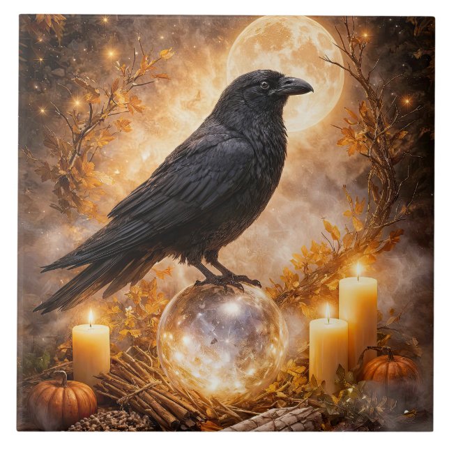 Raven and Mystical Crystal Ball Candles Ceramic Tile (Front)