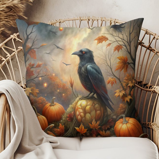 Raven and Pumpkin  – Dark Autumn Decor Cushion (Raven and Pumpkin – Dark Autumn Decor Throw Pillow in a boho rattan armchair)