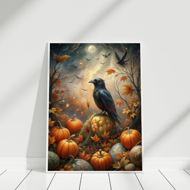 Raven and Pumpkin Forest – Dark Autumn Fairy  Poster (Raven and Pumpkin Forest – Dark Autumn Fairy Poster in a white wooden frame)