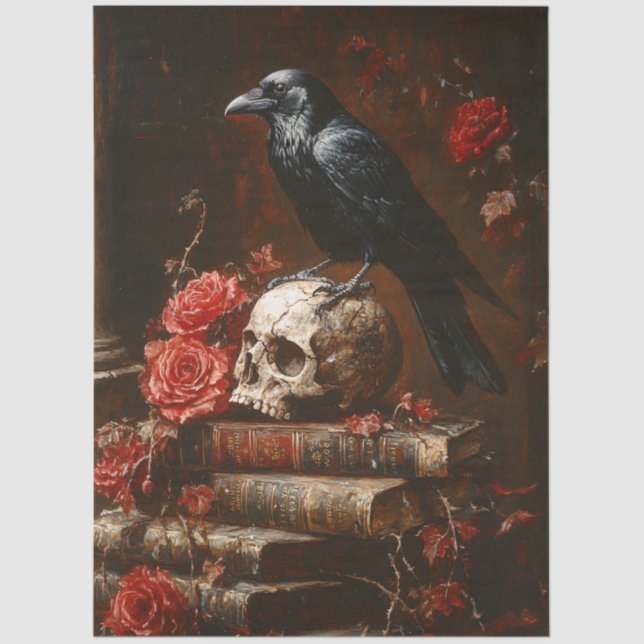 Raven and Skull Gothic Still Life Decoupage Tissue Paper (Front)