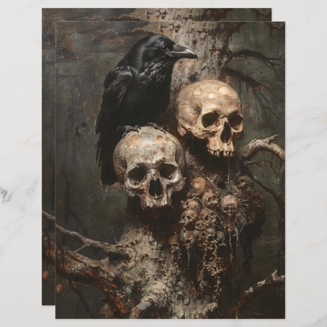 Raven and Skulls Spooky Scrapbook Paper (Front/Back)