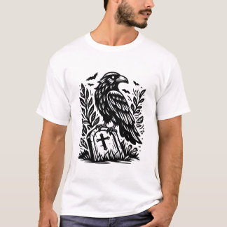 Raven and Tombstone Gothic Graveyard Line Art T-Shirt