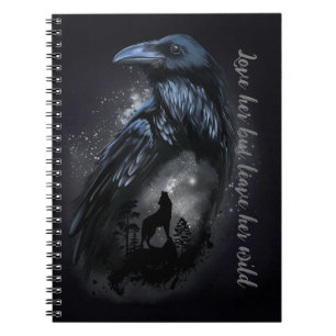 Raven and wolf that howls at the moon notebook