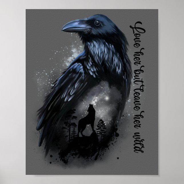 Raven and wolf that howls at the moon poster (Front)