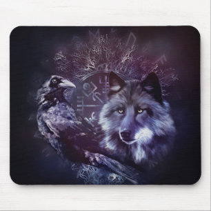 Raven and Wolf - Vegvisir and Tree of life Mouse Pad