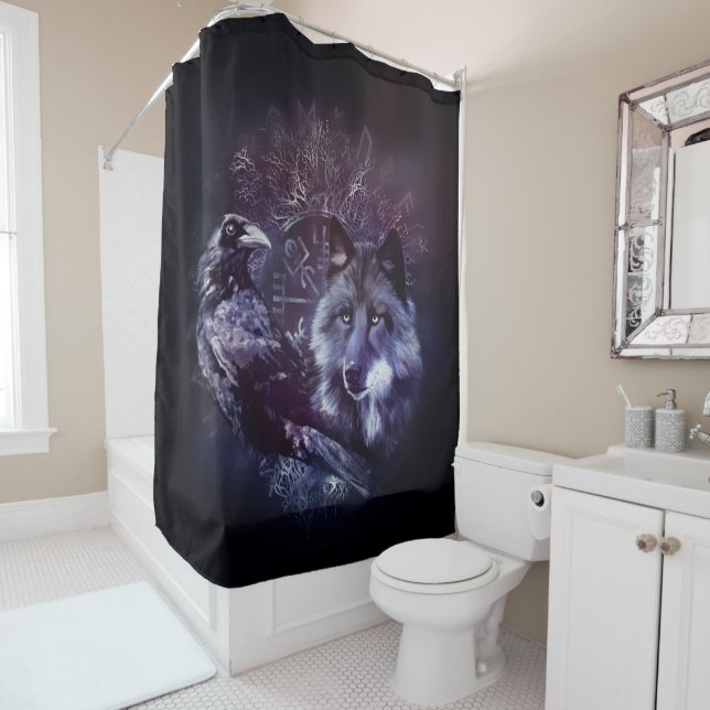 Raven and Wolf - Vegvisir and Tree of life Shower Curtain (In Situ)