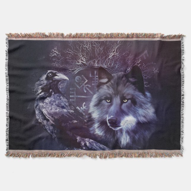 Raven and Wolf - Vegvisir and Tree of life Throw Blanket (Front)