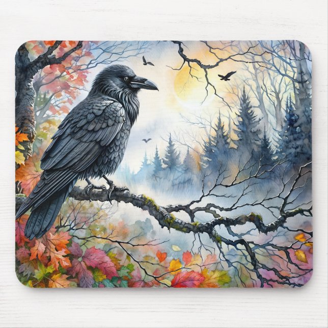 Raven Autumn Watercolor Art Mouse Pad (Front)