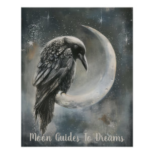 Raven bird baby sleeping on Moon Poster