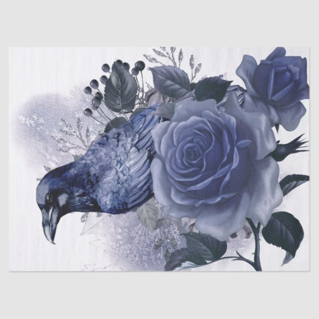 Raven Bird Blue Rose Whimsical Decoupage Tissue Paper (Front)
