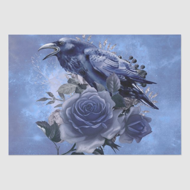 Raven Bird Blue Rose Whimsical Decoupage Tissue Paper (Front)