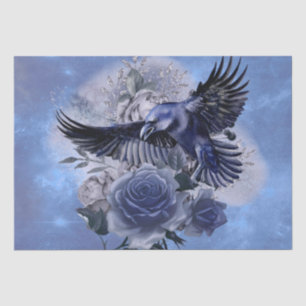 Raven Bird Blue Rose Whimsical Decoupage Tissue Paper