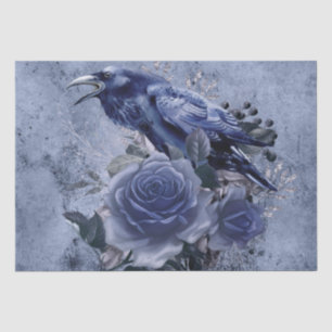 Raven Bird Blue Rose Whimsical Decoupage Tissue Paper