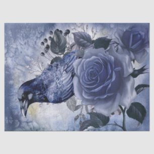 Raven Bird Blue Rose Whimsical Decoupage Tissue Paper
