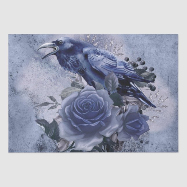 Raven Bird Blue Rose Whimsical Decoupage Tissue Paper (Front)