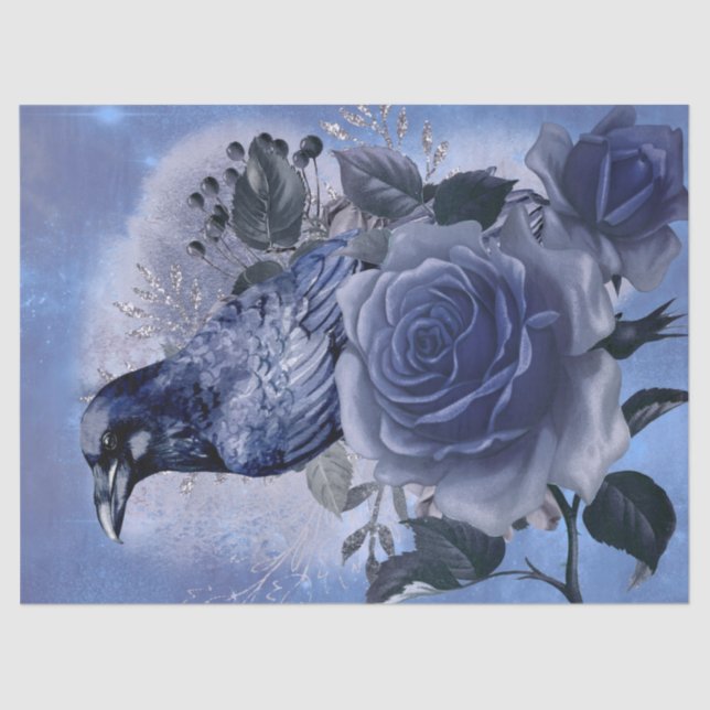 Raven Bird Blue Rose Whimsical Decoupage Tissue Paper (Front)
