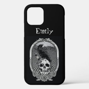 Raven Bird Medallion Art Black Carving Skull Name iPhone 12 Case