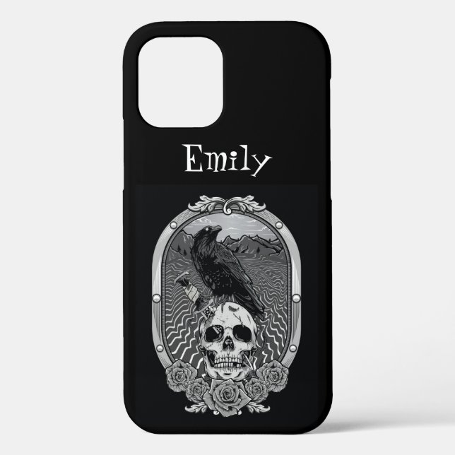 Raven Bird Medallion Art Black Carving Skull Name Case-Mate iPhone Case (Back)