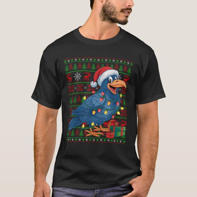 Raven Bird Xmas Lights Ugly Santa Hat Raven Christ T-Shirt (Front)
