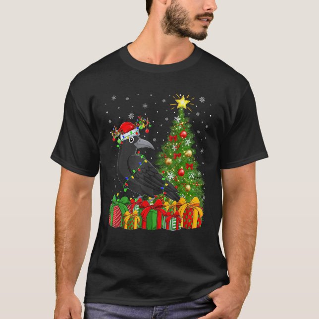 Raven Bird Xmas Tree Lighting Santa Hat Raven Chri T-Shirt (Front)