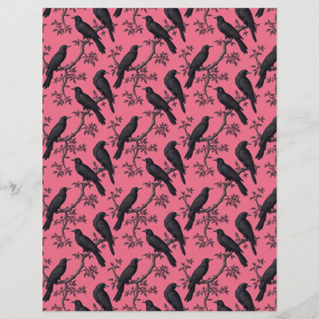 Raven birds double-sides pink scrapbook paper (Front)
