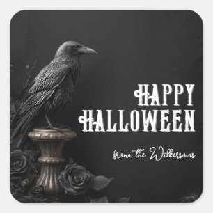 Raven & Black Rose Gothic Halloween Custom Name Square Sticker