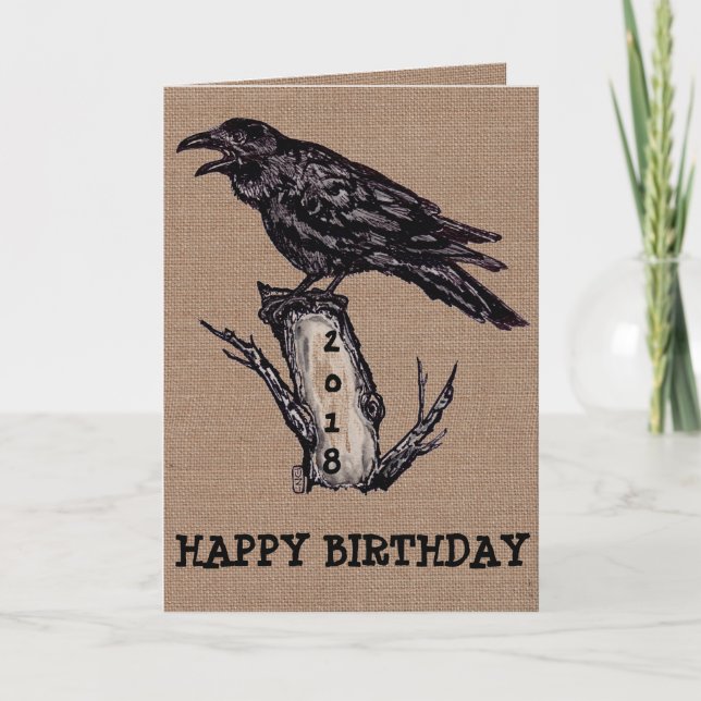 Raven Burlap Birthday Card Personalize, Date (Front)
