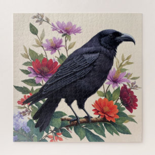 Raven Colorful Floral Art Jigsaw Puzzle