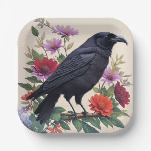 Raven Colourful Floral Art Paper Plate