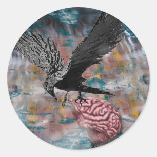 Raven Crow Black Bird Brain Abstract Surreal Art Classic Round Sticker