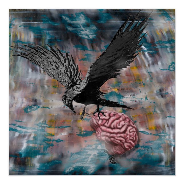 Raven Crow Black Bird Brain Abstract Surreal Art Poster (Front)