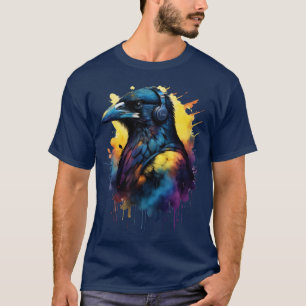Raven Crow Black Bird Wearing Headphones T-Shirt