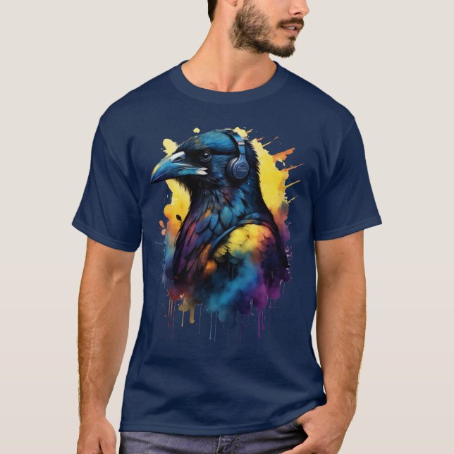 Raven Crow Black Bird Wearing Headphones T-Shirt (Front)