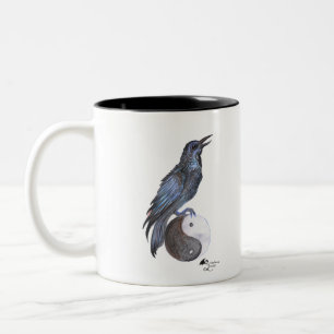 raven crow yin yang black bird Two-Tone coffee mug