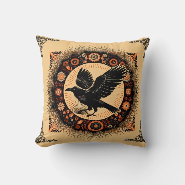 Raven Dark Academia Mandala Circle Boho Gothic Cushion (Front)
