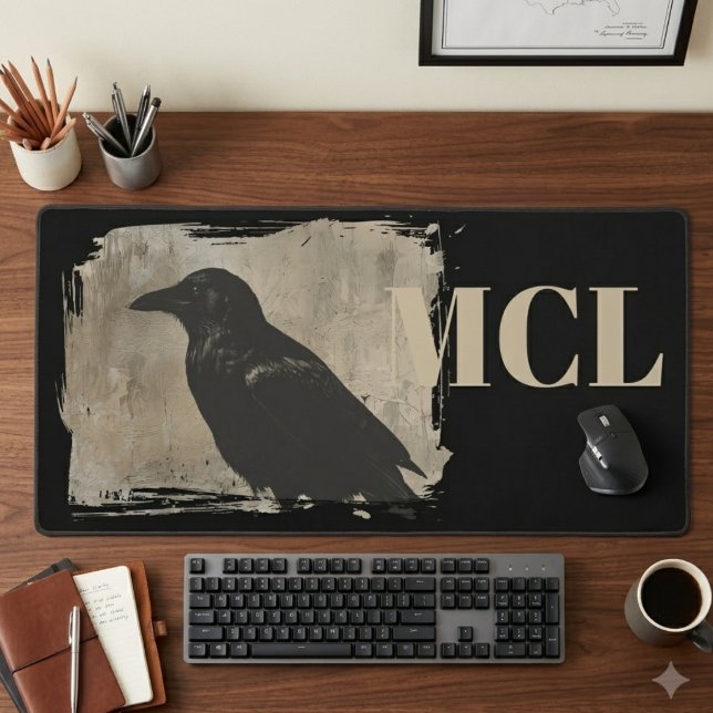 Raven desk accessory with beige initial mat (This artistic raven desk mat with initials is perfect for a dark academia office setup.)