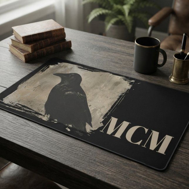 Raven desk accessory with beige initial mat (Moody raven silhouette desk mat for dark academia fans celebrating a workspace upgrade.)