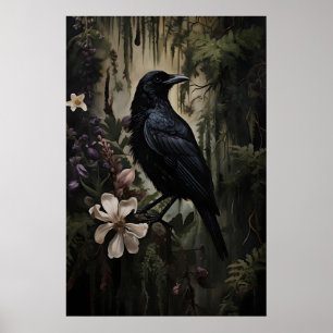 Raven Floral Forest Print, Dark Academia Gothic Poster
